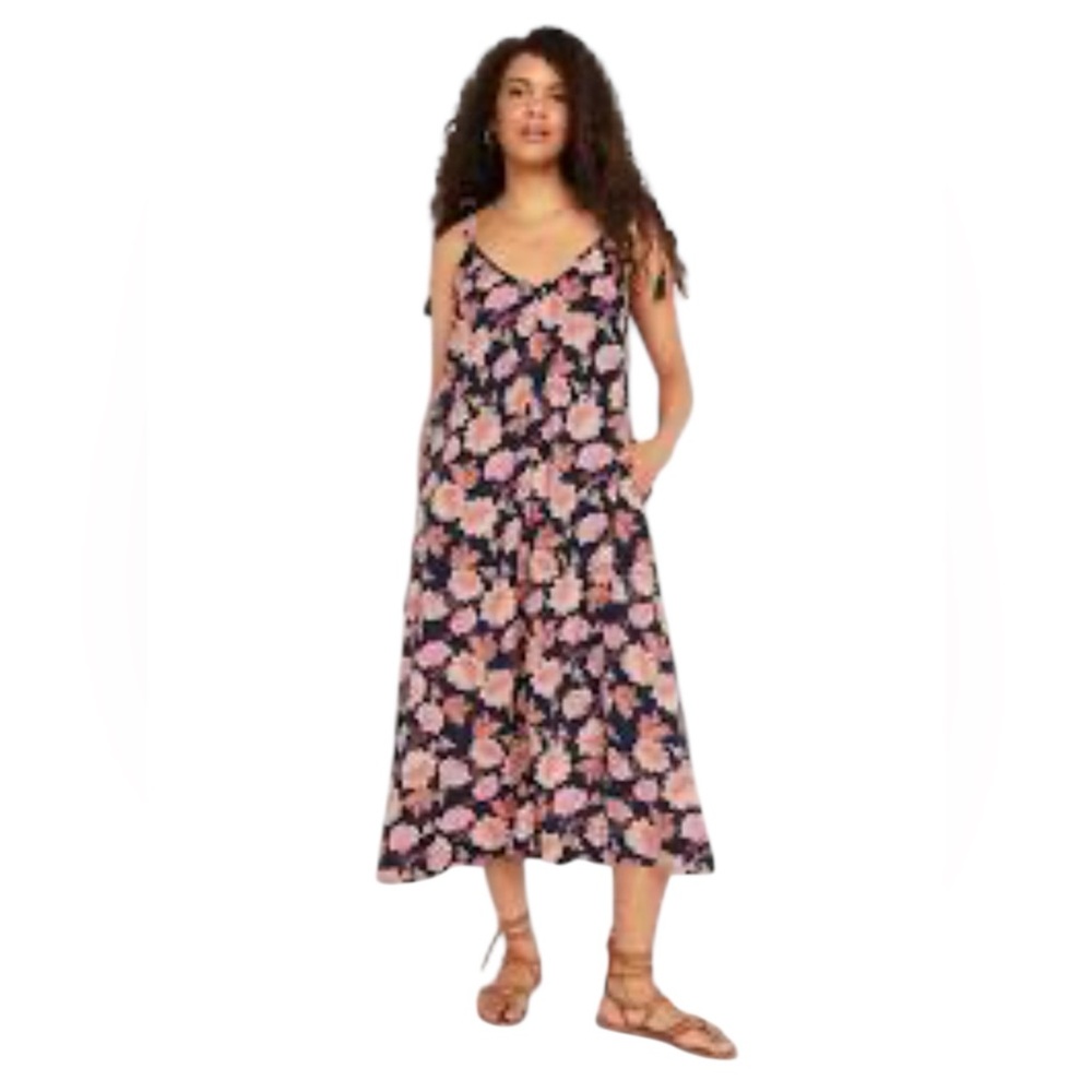 Old Navy Tasseled Tie Shoulder Swing Dress Navy Blue Pink Floral Large